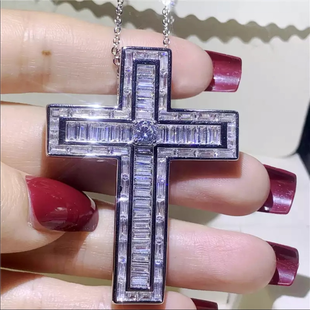 New Men Women 925 Silver Cross Diamond Necklace - Picture 1 of 10